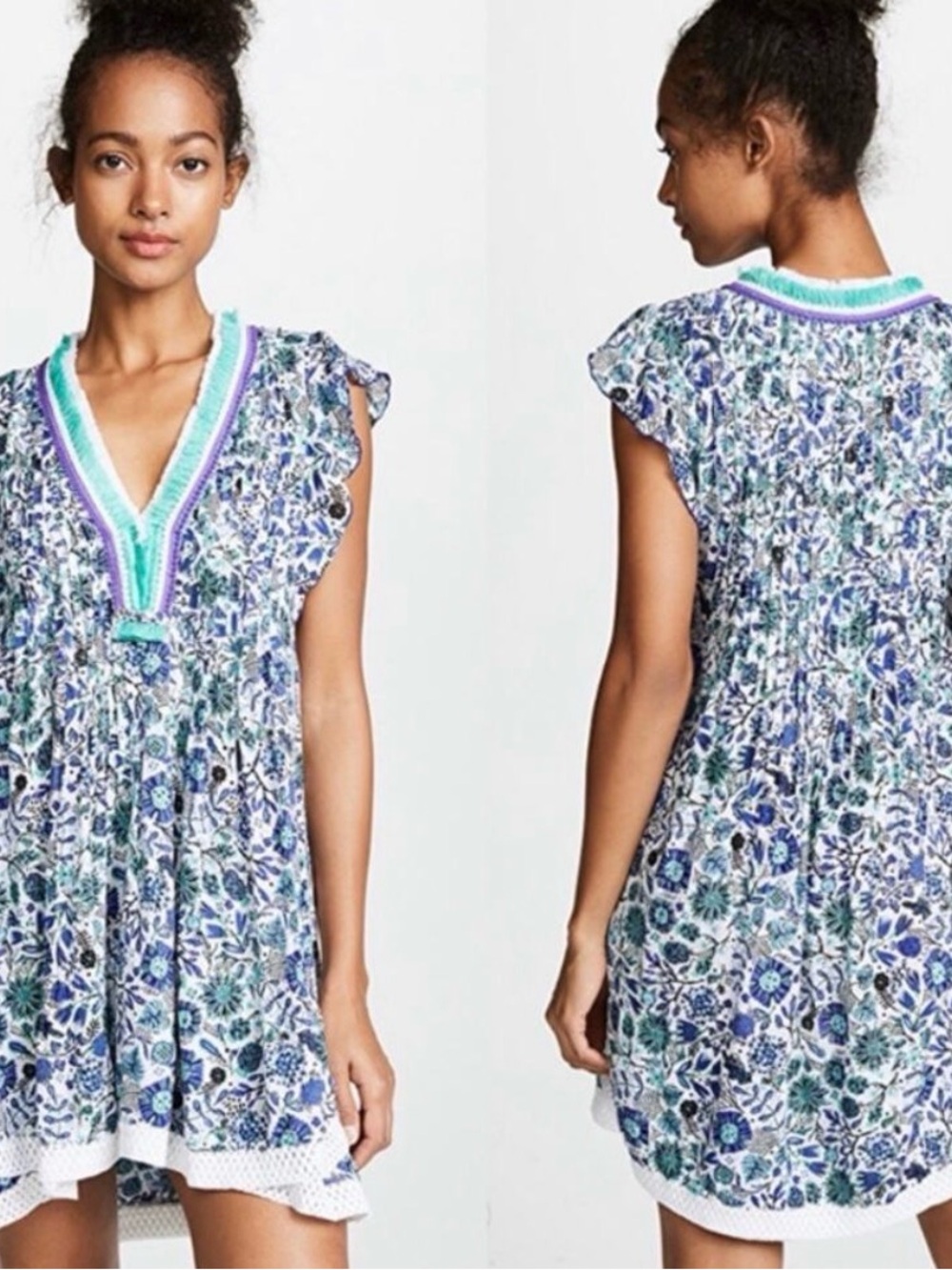 Popette st Barth  V-Neck Mini Dress in Blue and Green